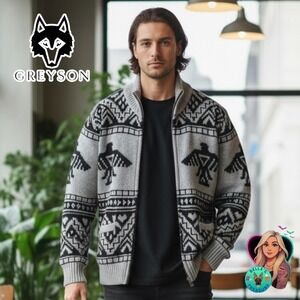 GREYSON Mens L Full Zip Heavy Cowichan Sweater Wool‎ Blend Wolf Thunderbird $495